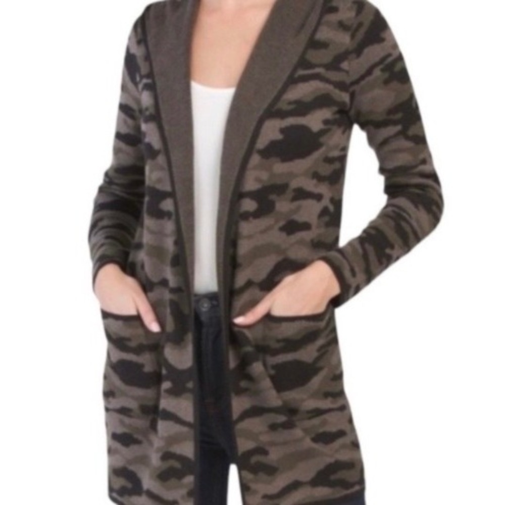 Rachel Zoe Camo Hooded Open Front Cardigan Sweater Green XS‎